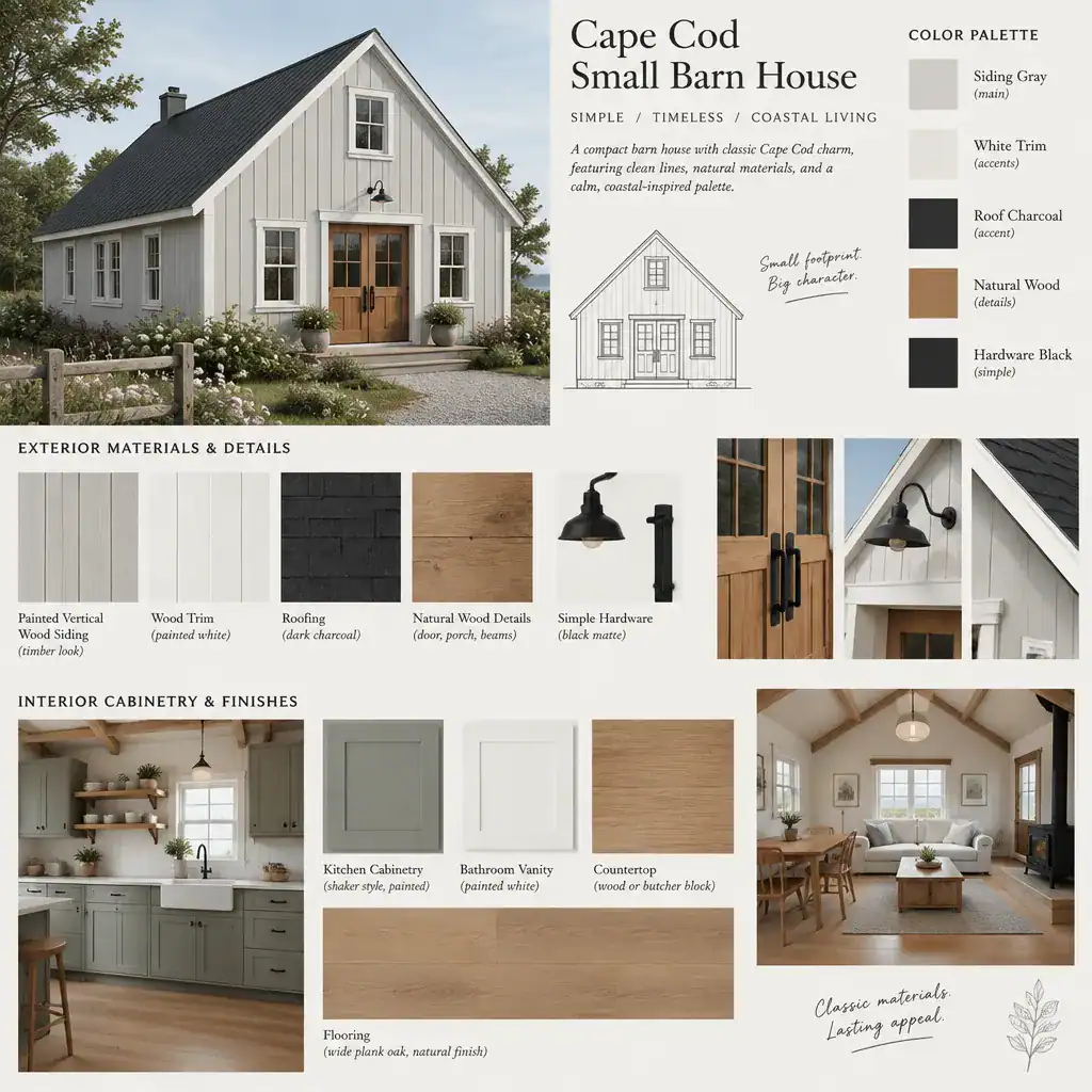 Cape Cod barn house material palette with painted siding and natural wood accents