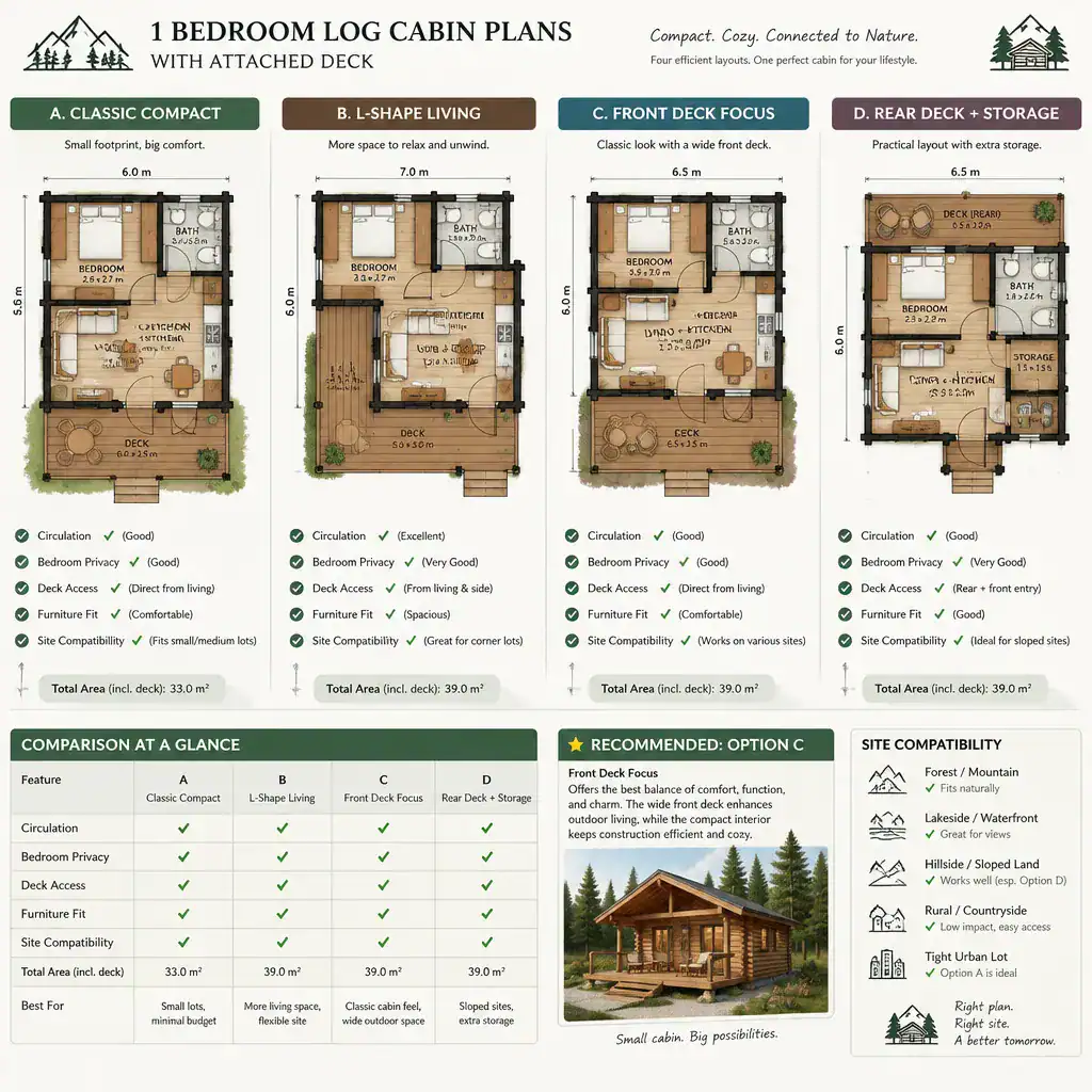 Checklist for comparing one-bedroom log cabin plans with decks