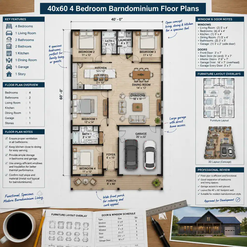 Checklist For Selecting A 40x60 Four Bedroom Barndominium Plan