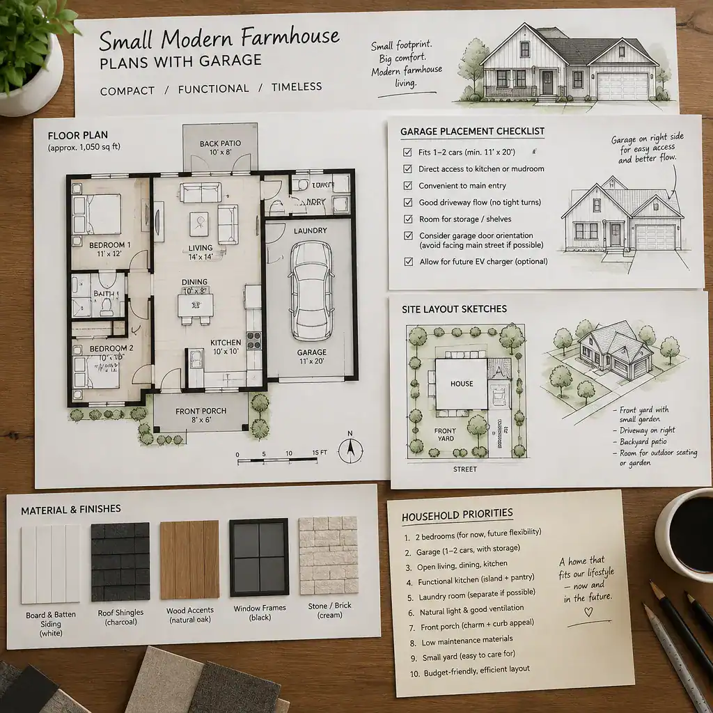 Checklist for selecting a small modern farmhouse plan with garage