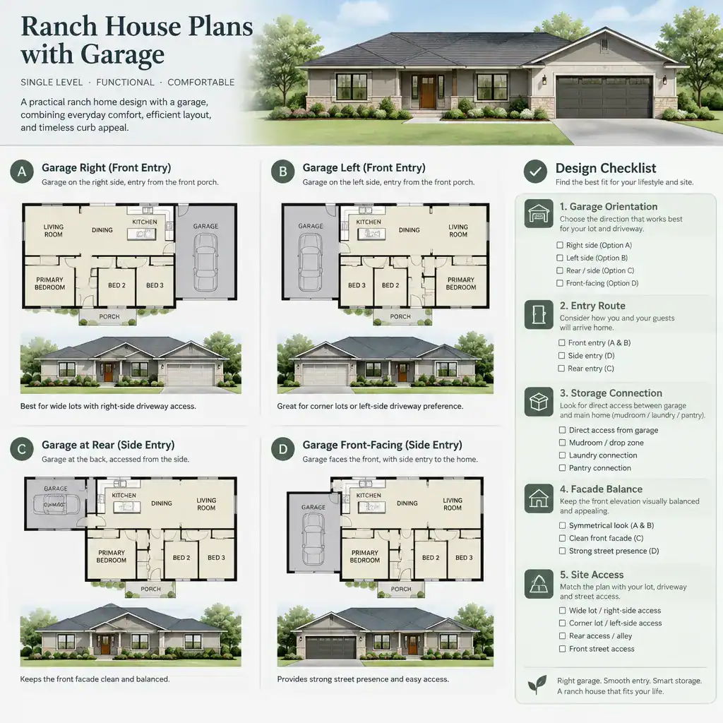 Checklist for choosing ranch house plans with garage based on layout and site access