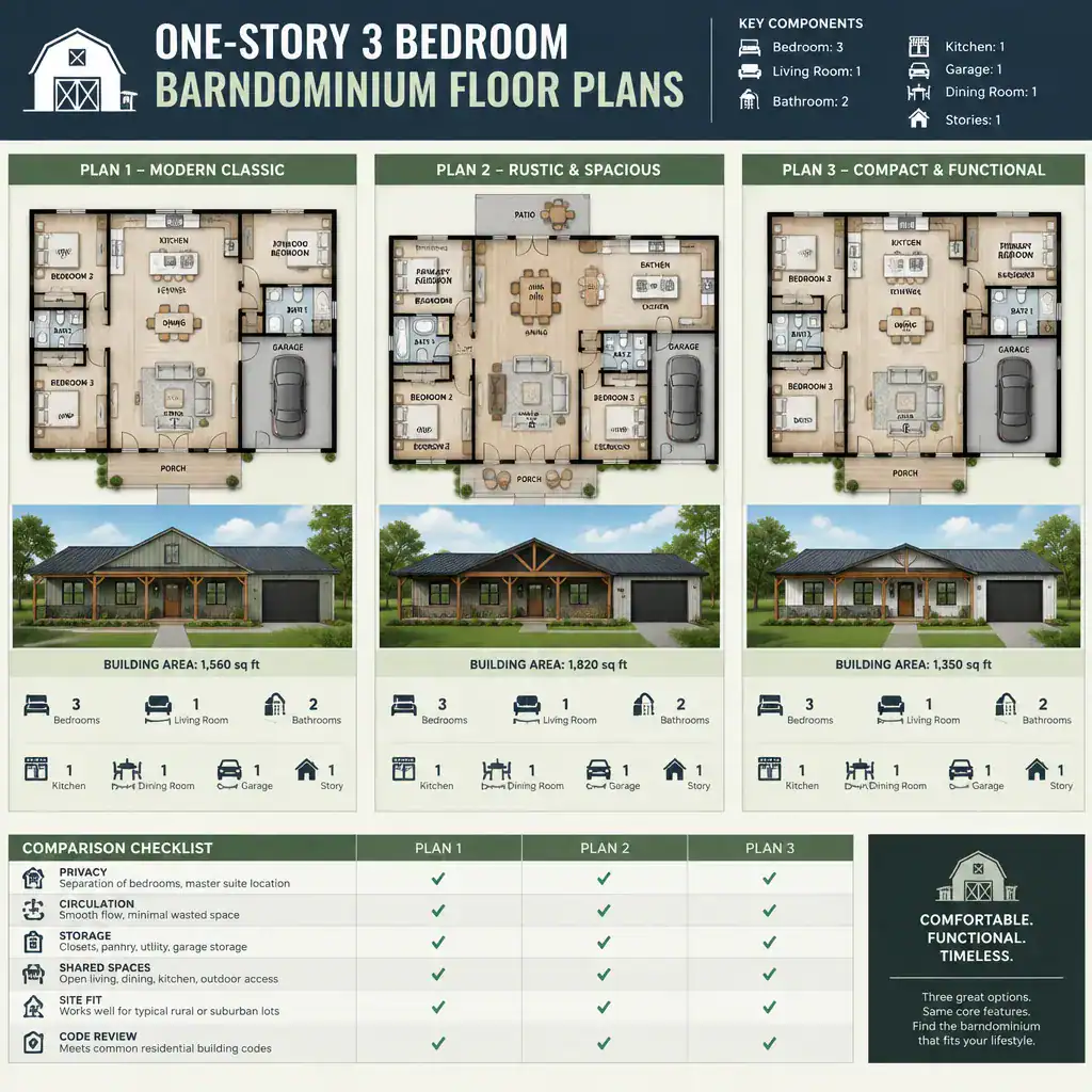 Checklist for comparing one-story three-bedroom barndominium floor plans