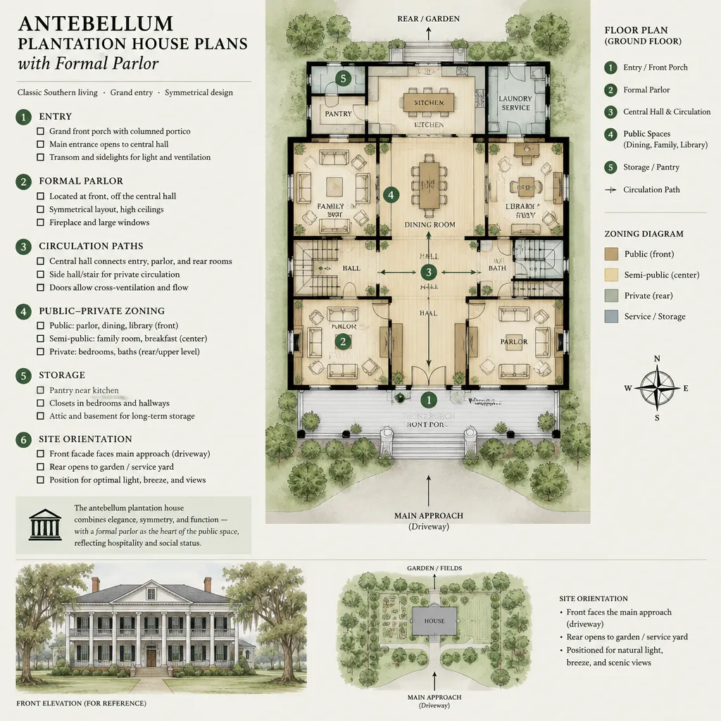 Checklist for evaluating an antebellum plantation house plan with formal parlor