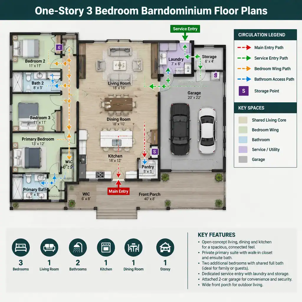 Circulation and entry zones in a one-story three-bedroom barndominium
