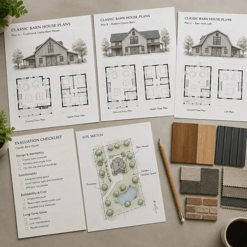 Classic barn house plan comparison checklist with material samples