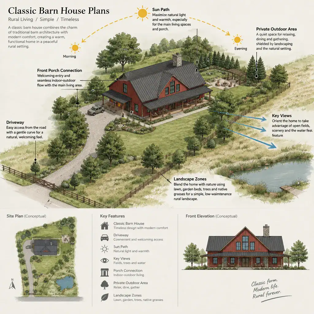 Classic barn house site plan with orientation, views, and outdoor connections