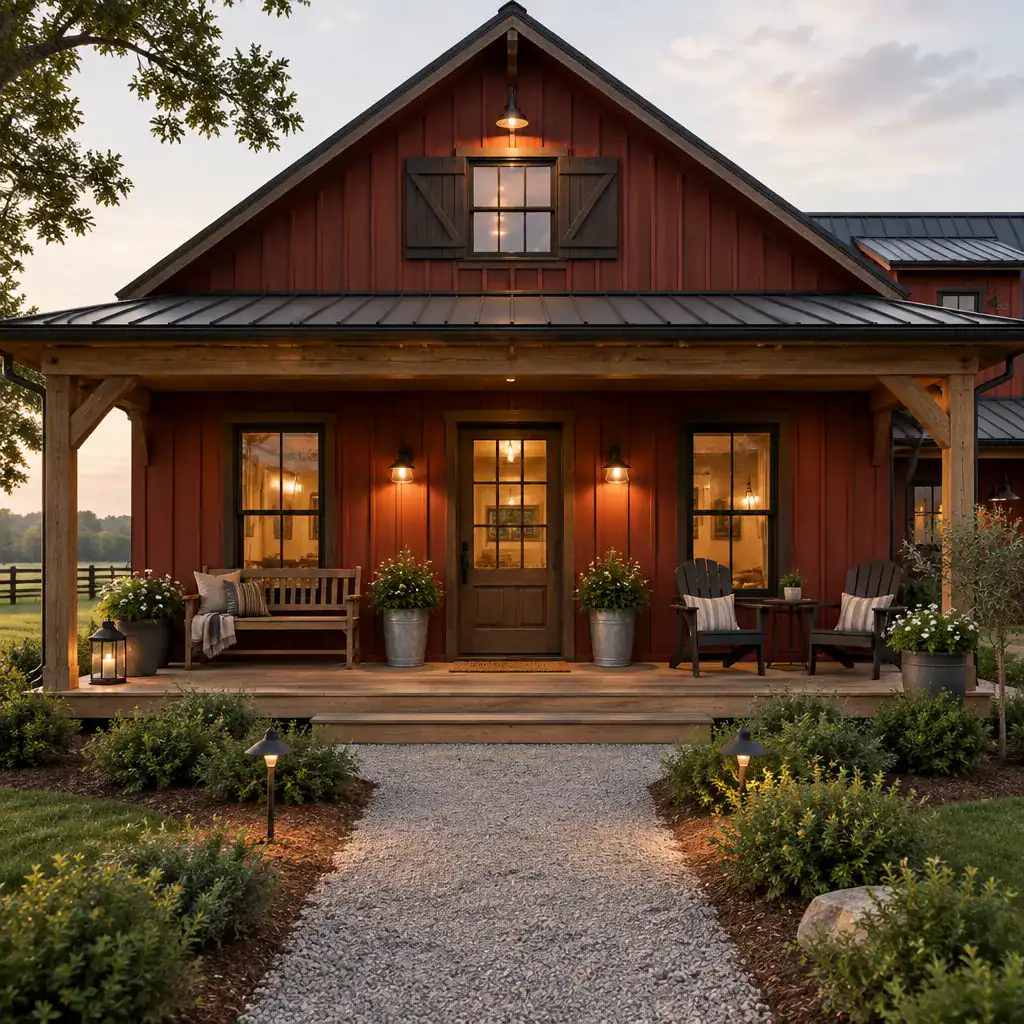 Classic barn house porch furnished with traditional outdoor seating and planters