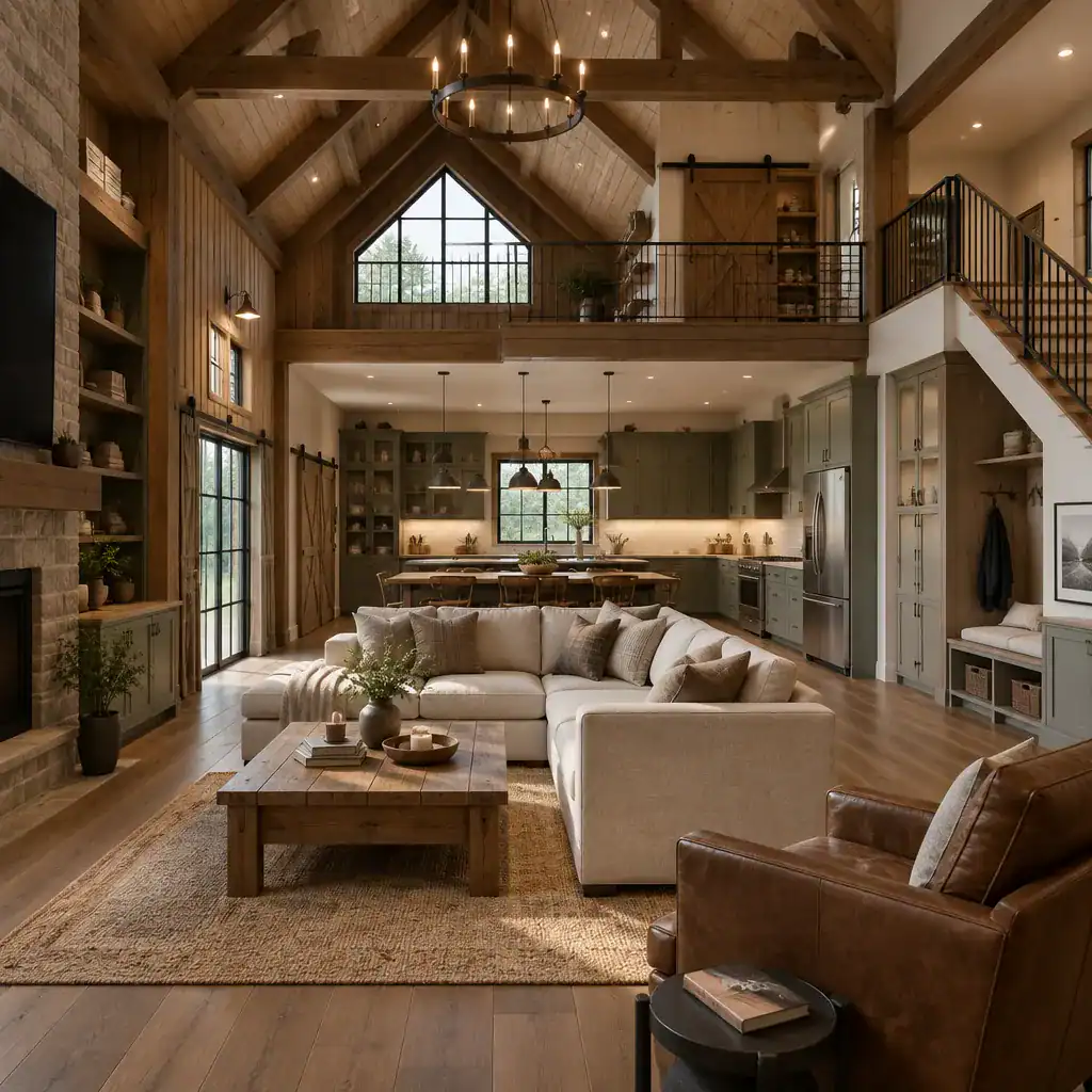 Classic barn style living area with discreet modern comforts