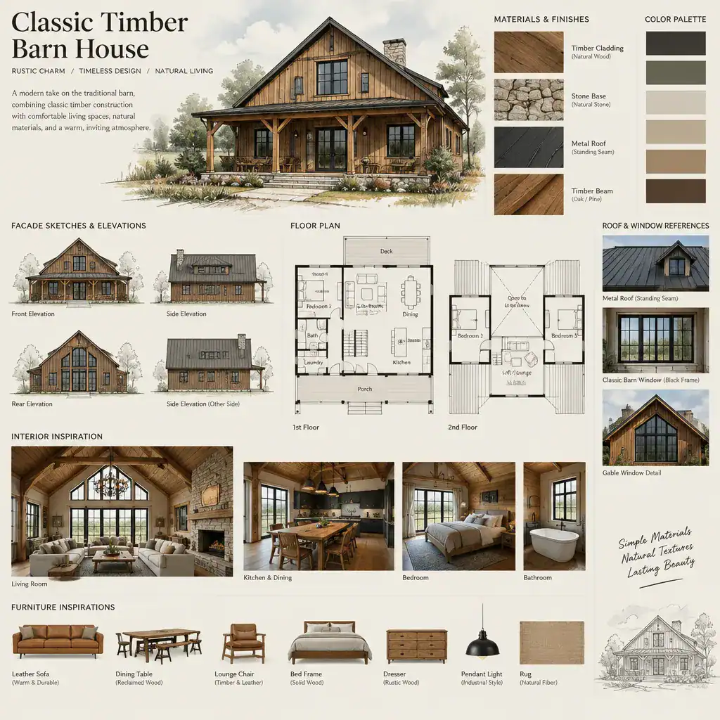 Classic timber barn house design mood board with timber samples, sketches, and material references