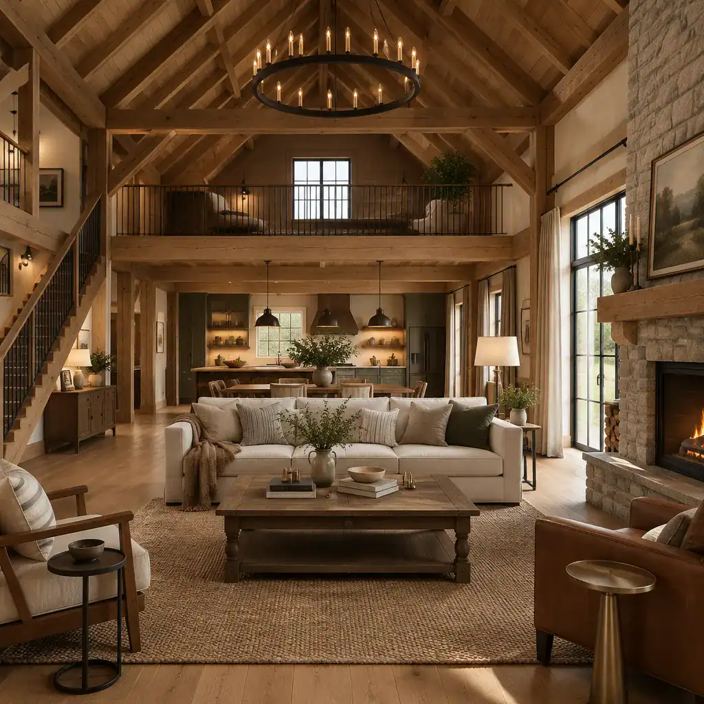 Classic timber barn house living room with warm wood, neutral furnishings, and layered lighting