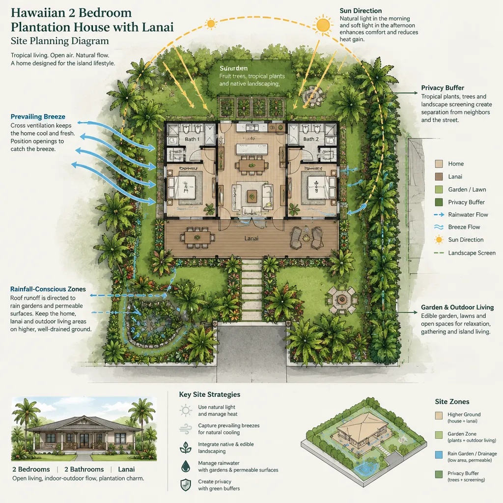 Climate responsive Hawaiian plantation house site plan with lanai