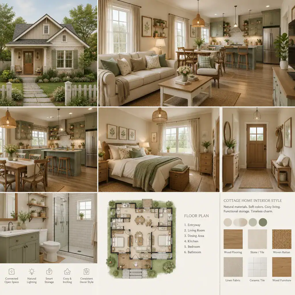 Cohesive Cottage Interior Design Across Multiple Rooms