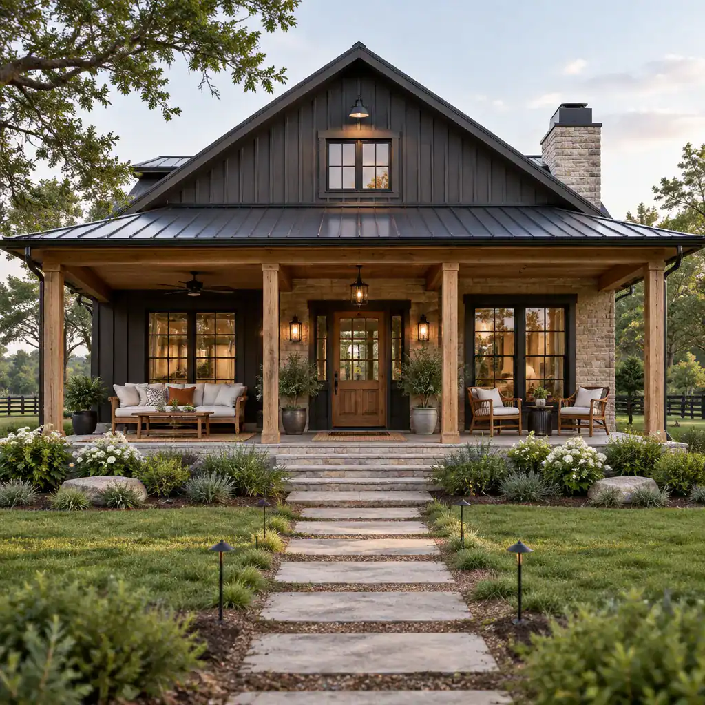 Cohesive finished eclectic barn house porch