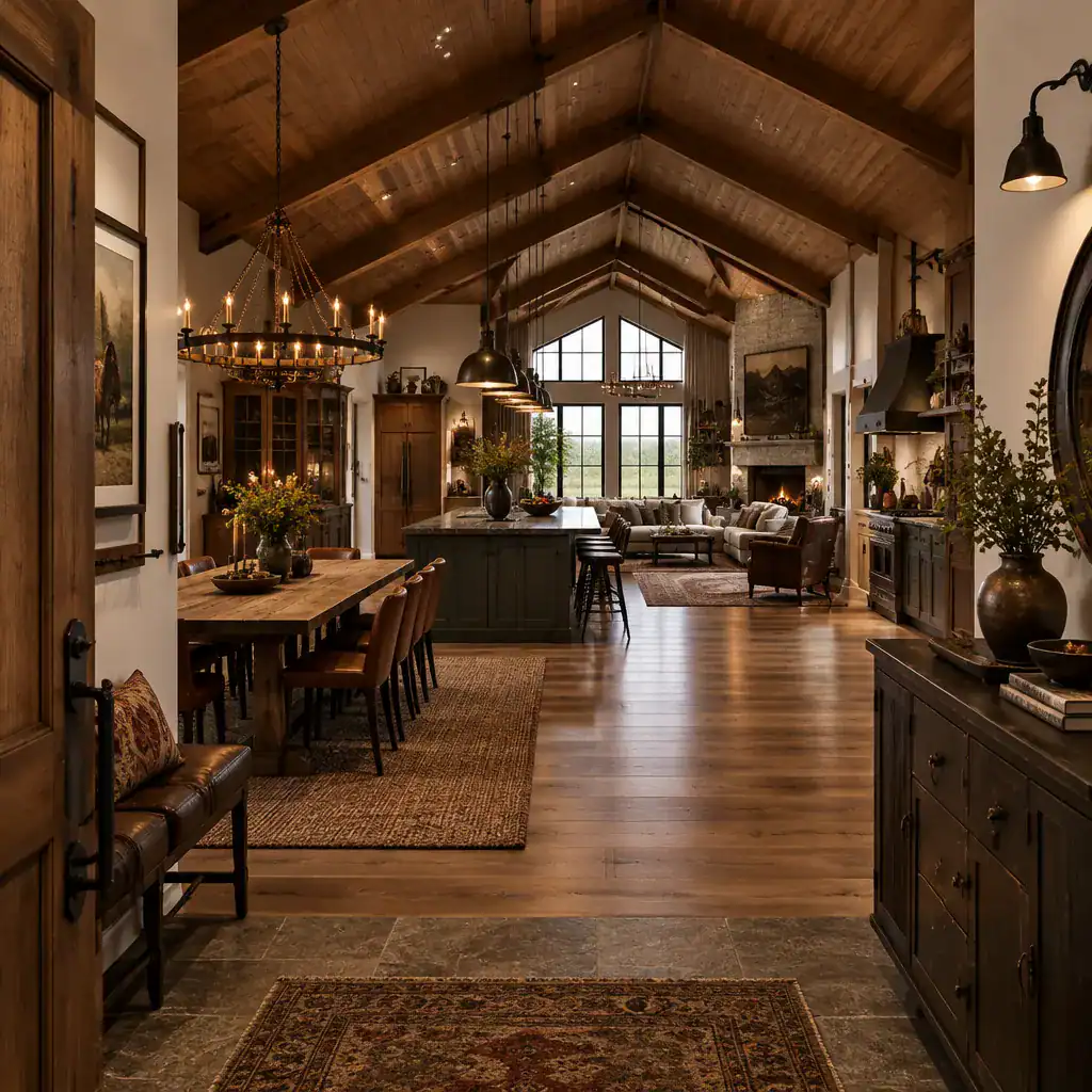 Cohesive open-plan luxury eclectic barn house interior