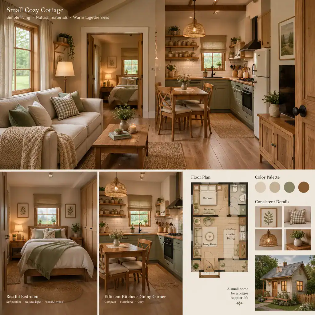 Cohesive Small Cottage Interior Across Living Kitchen Dining And Bedroom Areas