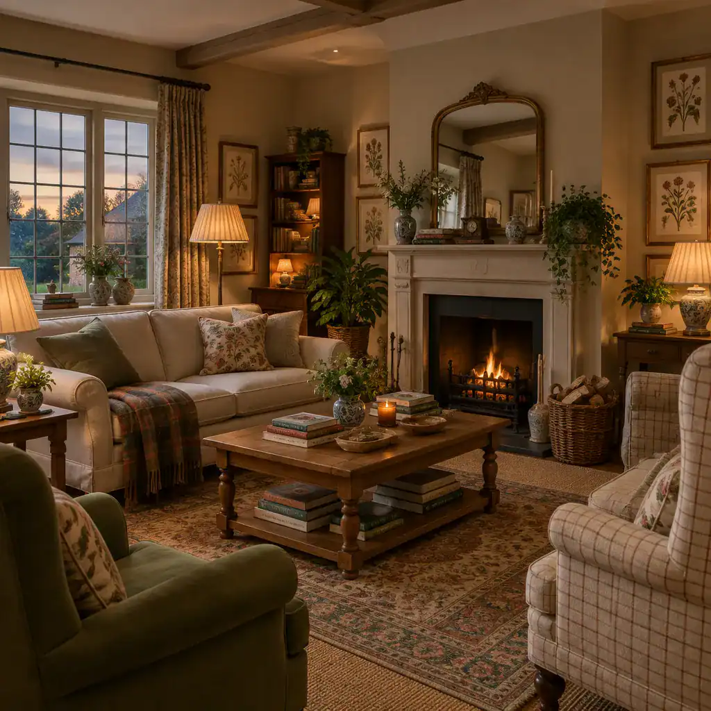 Collected accessories and warm lighting in an English cottage living room