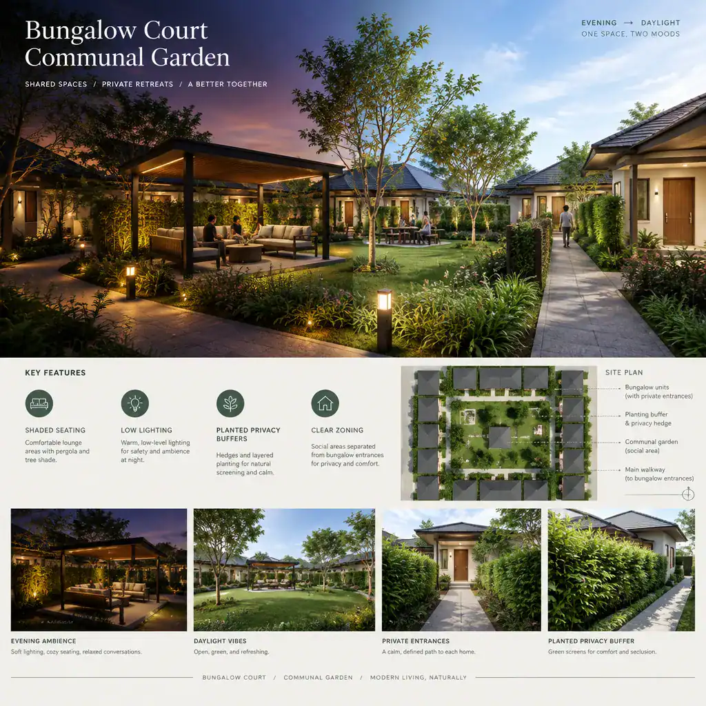 Comfortable and private communal garden setting for bungalow court residents