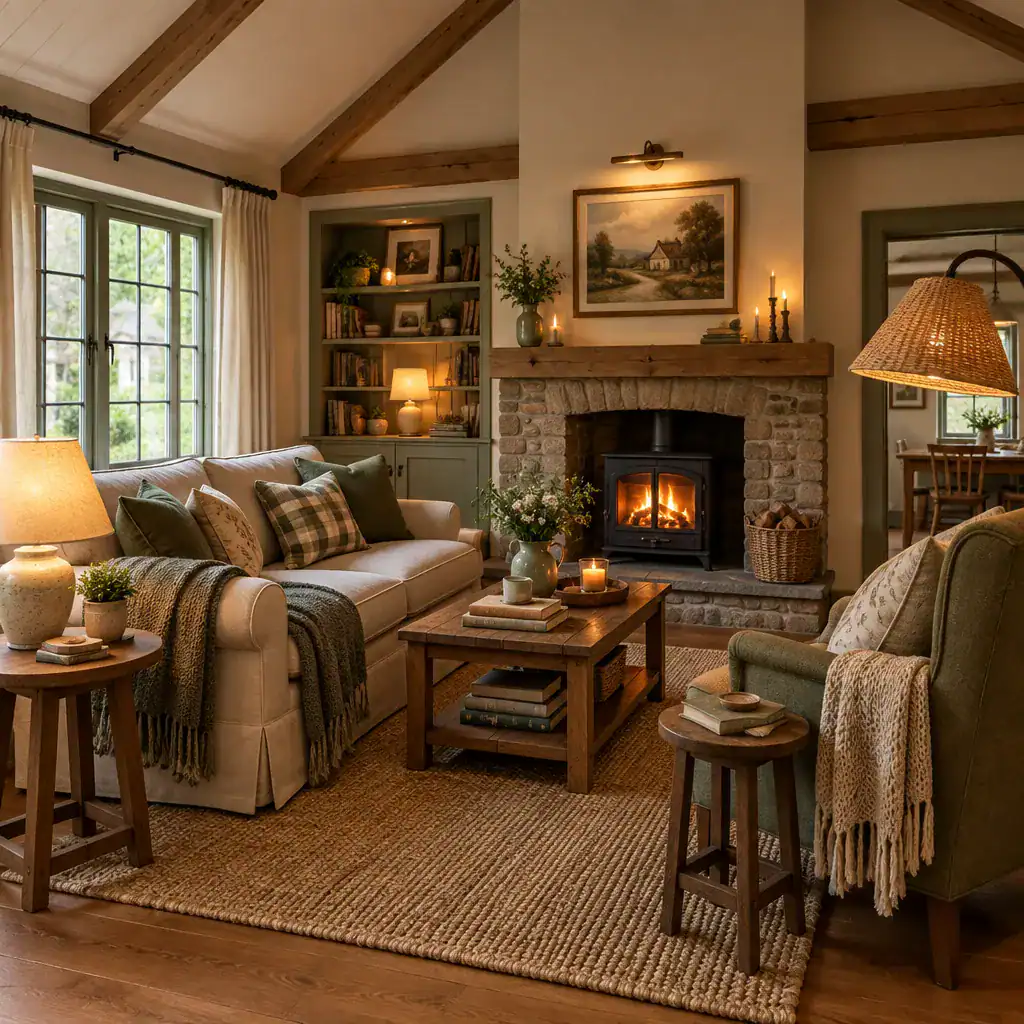 Comfortable Furniture And Layered Lighting In A Cottage Living Room
