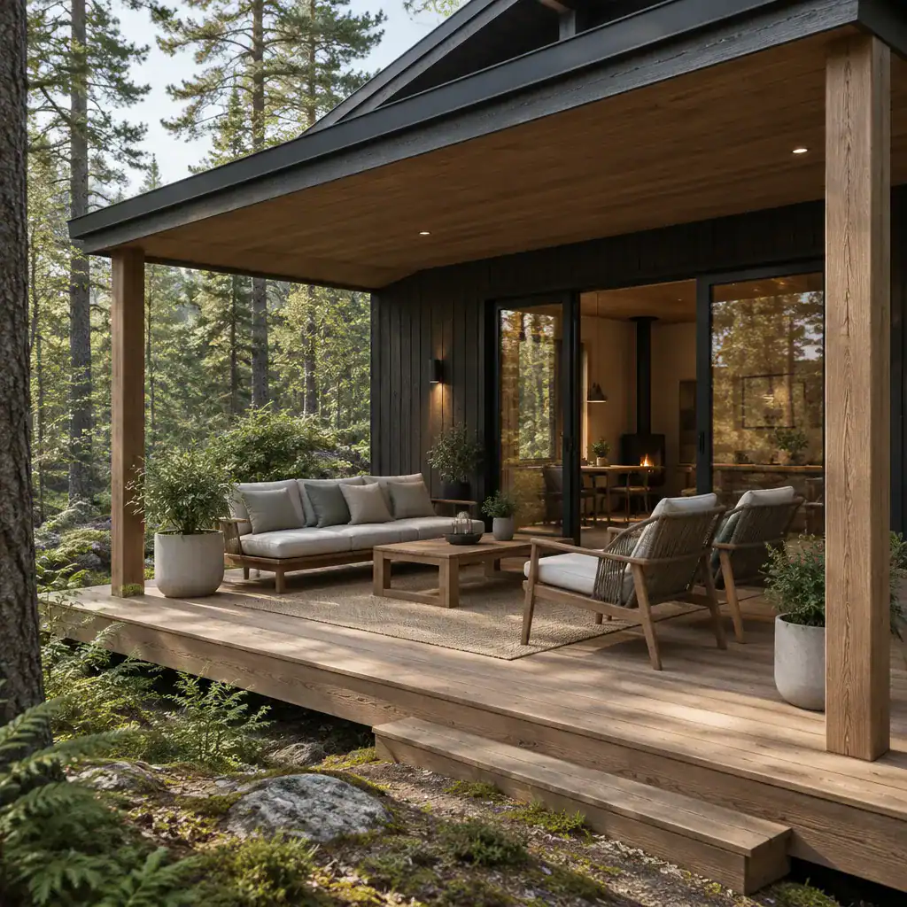 Comfortable Modern Furniture Arrangement On A Cabin Porch