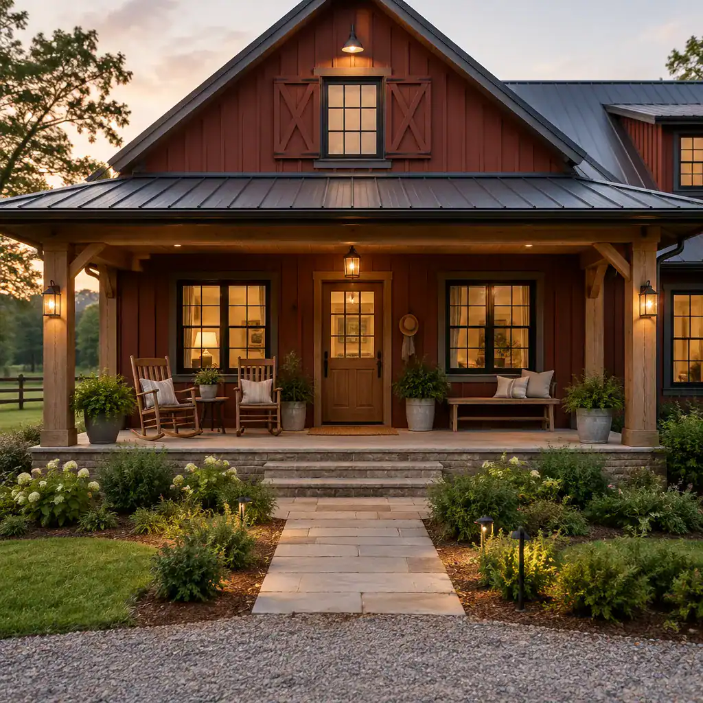 Comfortable seating and country decor on a barn house porch