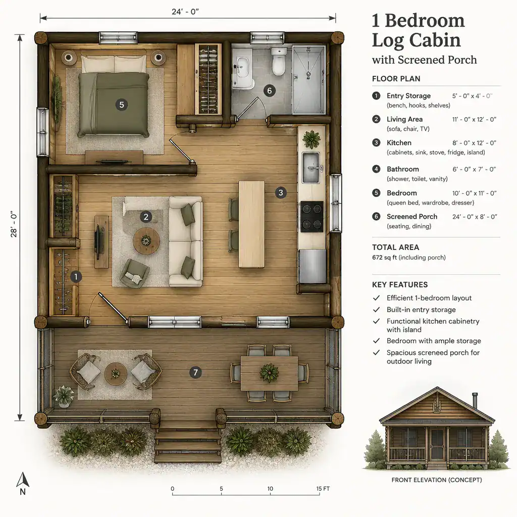 Compact cabin layout with efficient storage and furniture