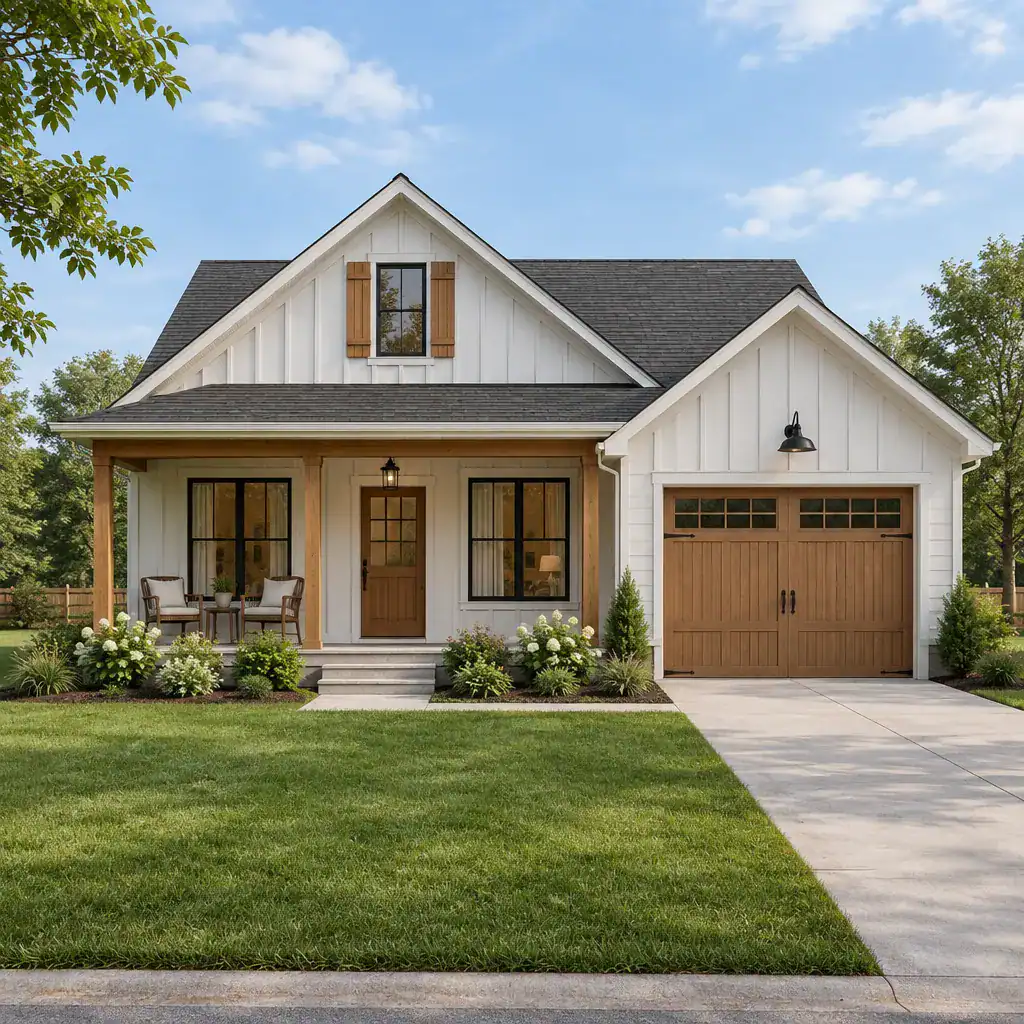Compact farmhouse facade with cohesive attached garage