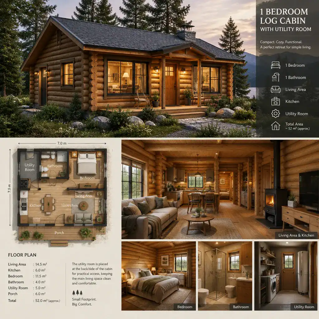 Compact log cabin exterior with practical interior layout