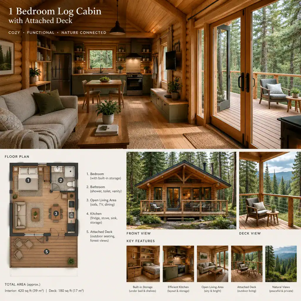 Compact log cabin interior connected to an attached deck