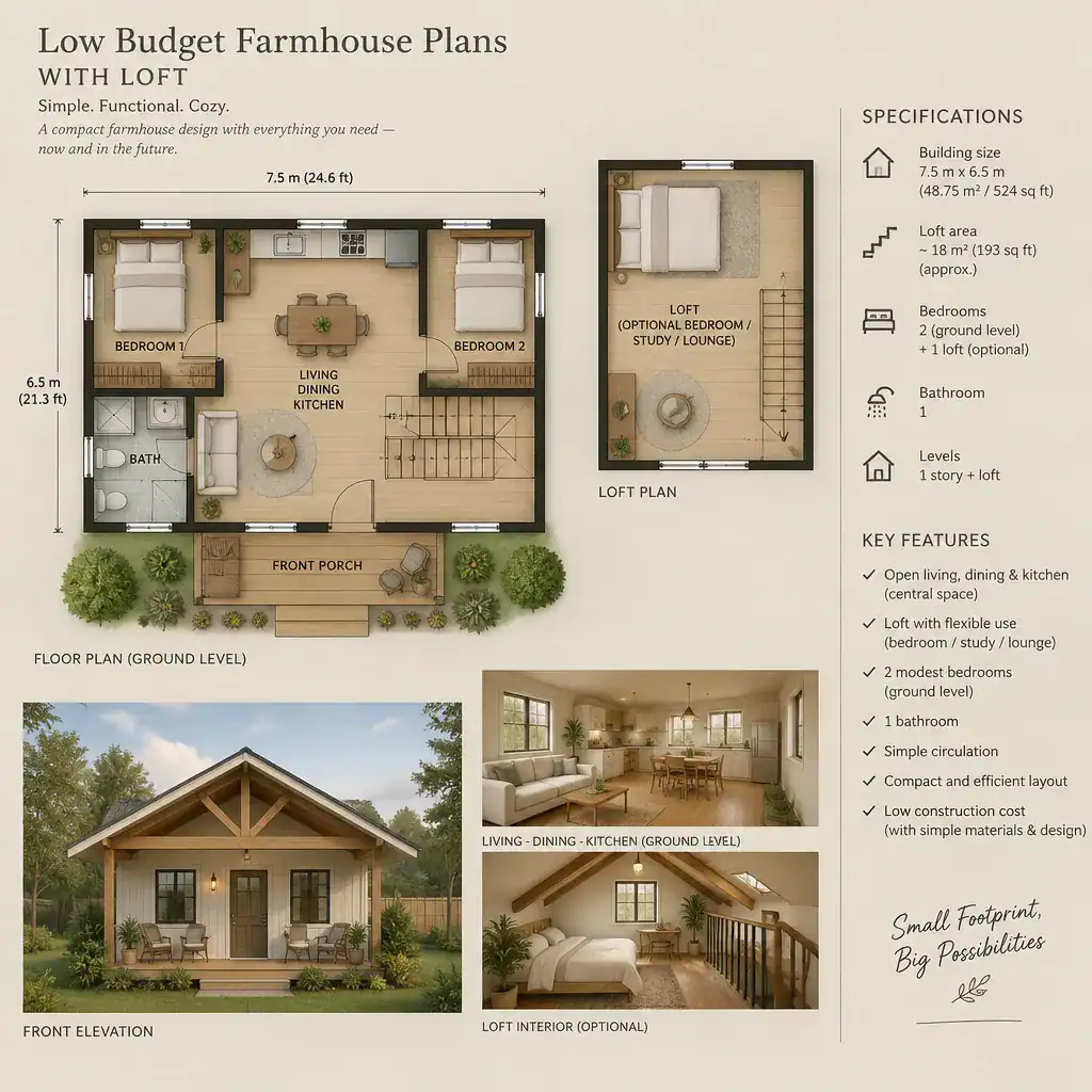 Compact low-budget farmhouse floor plan with open living area and loft stairs