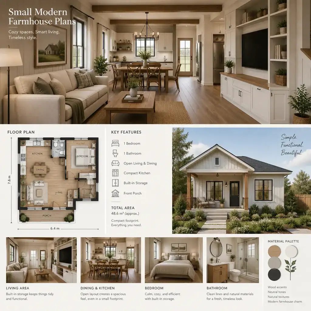 Compact Modern Farmhouse Living And Dining Area With Warm Practical Decor