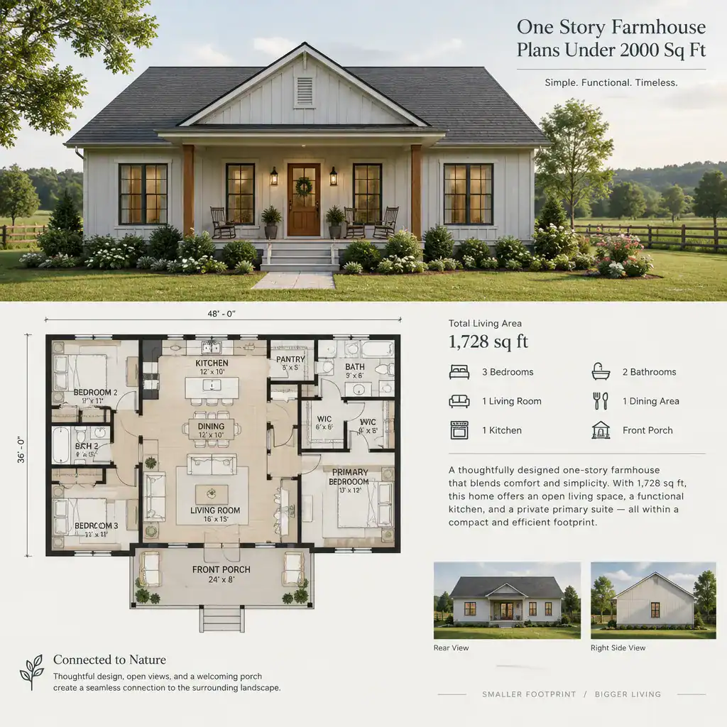 Compact one-story farmhouse exterior with front porch