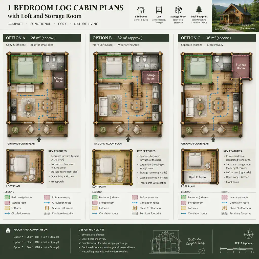 Comparing one-bedroom log cabin plans with loft and storage