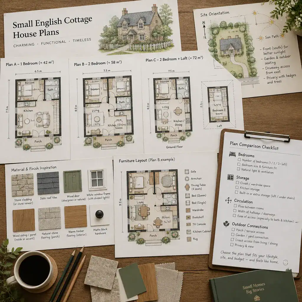 Comparing small English cottage house plans with site and layout sketches