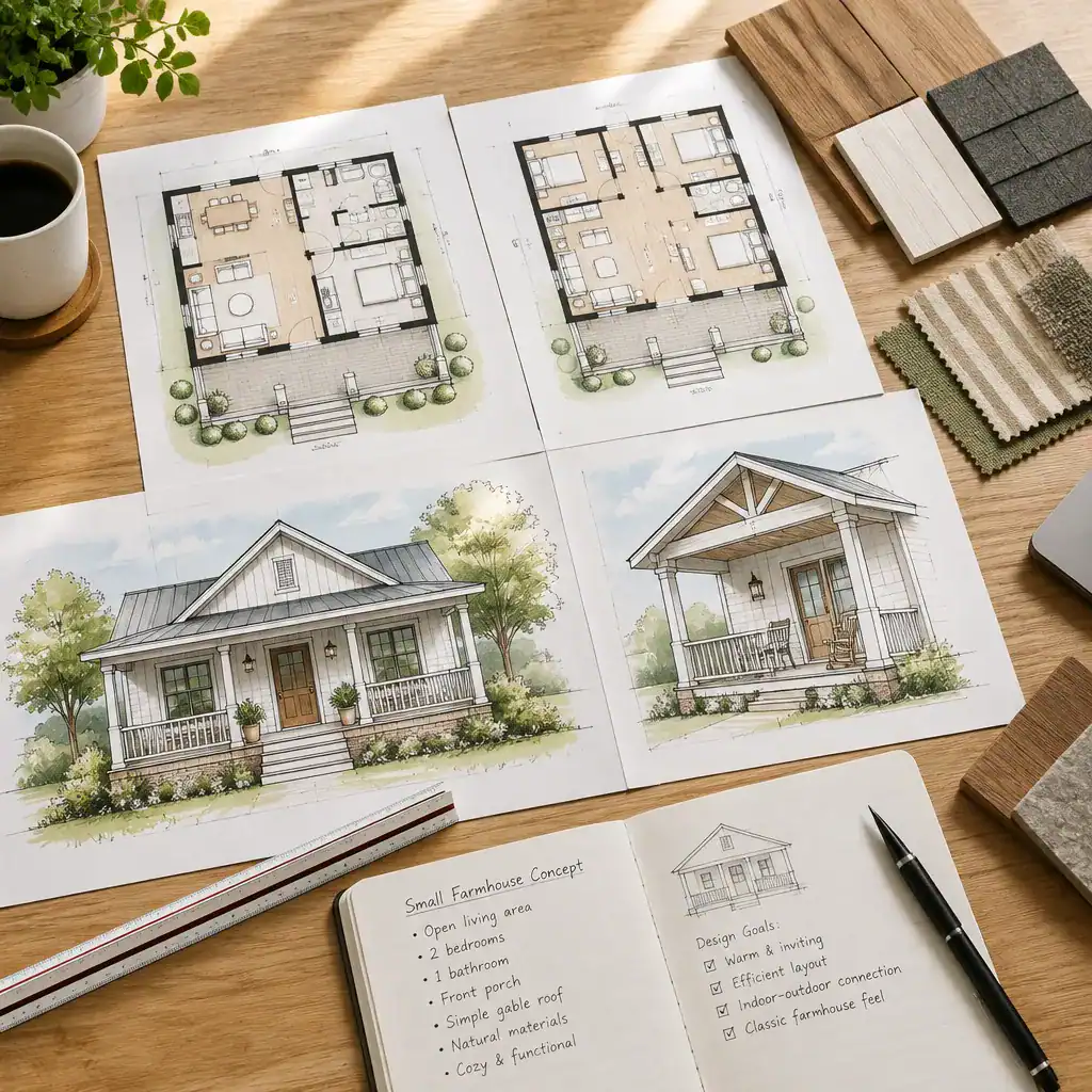 Comparing small farmhouse floor plans and porch elevation sketches