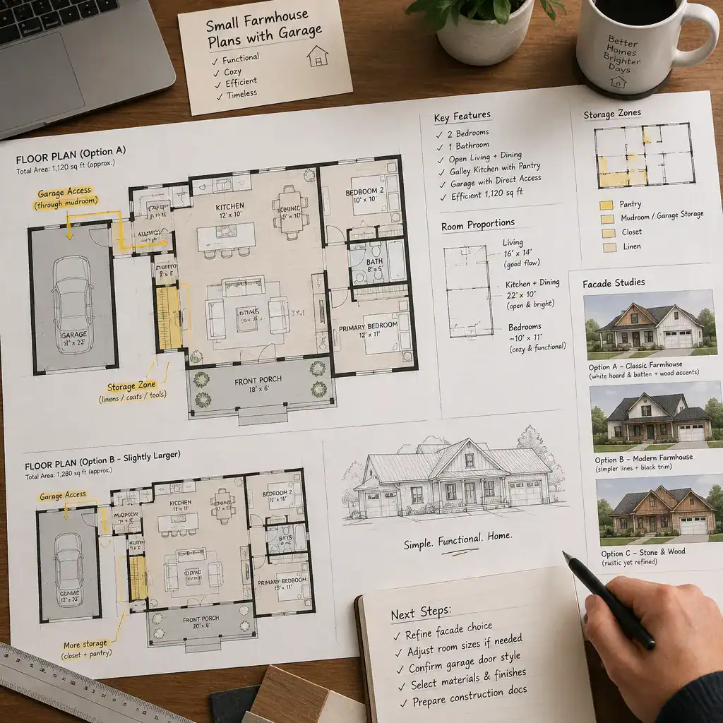 Comparing Small Farmhouse Plans With Garage During Design Review