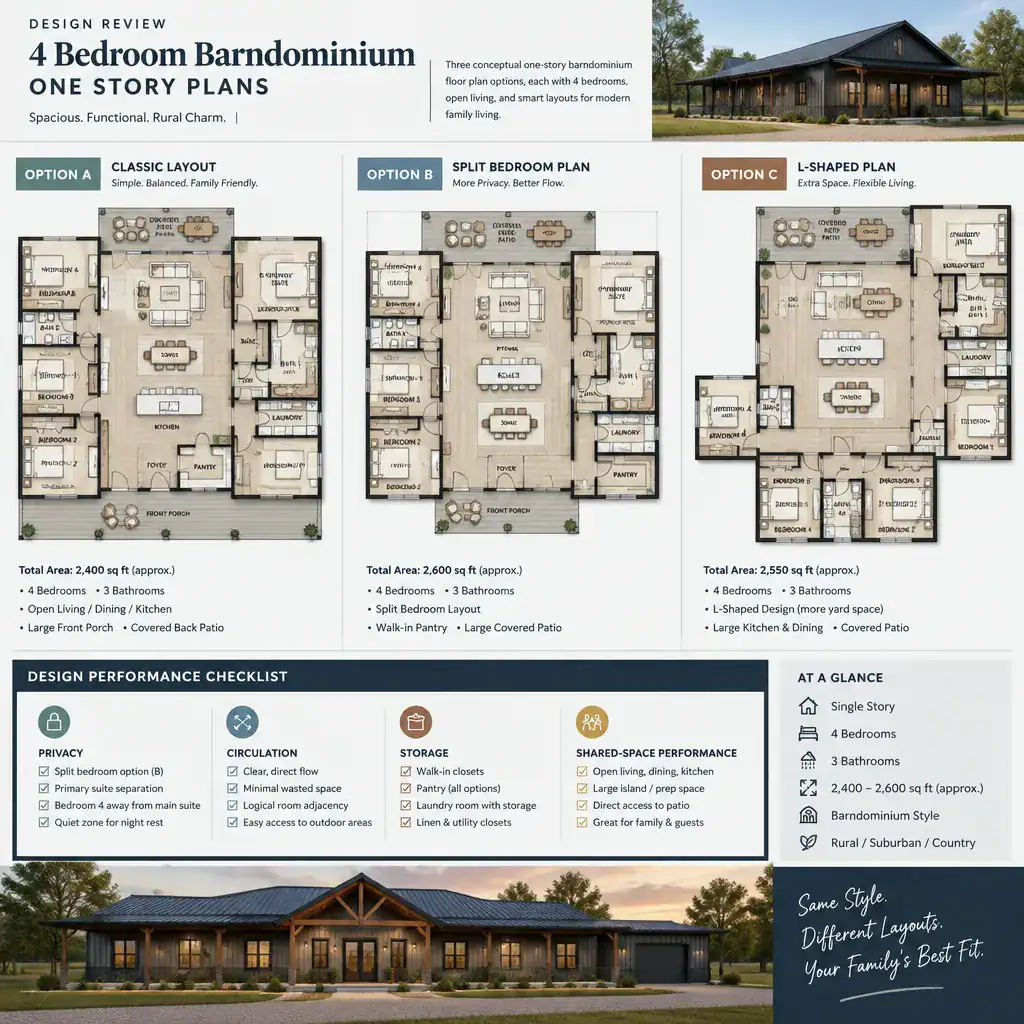 Comparing four-bedroom one-story barndominium floor plans