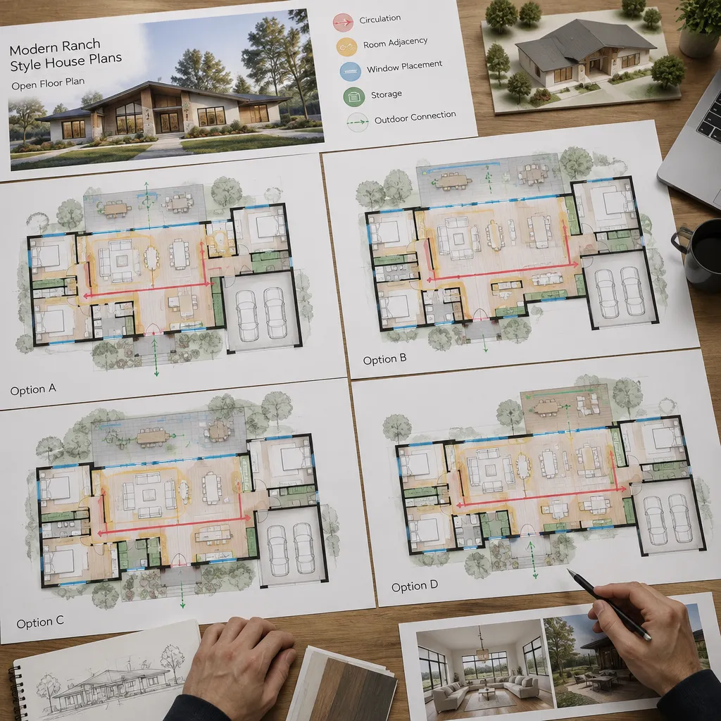 Comparing modern ranch open floor plan options for customization