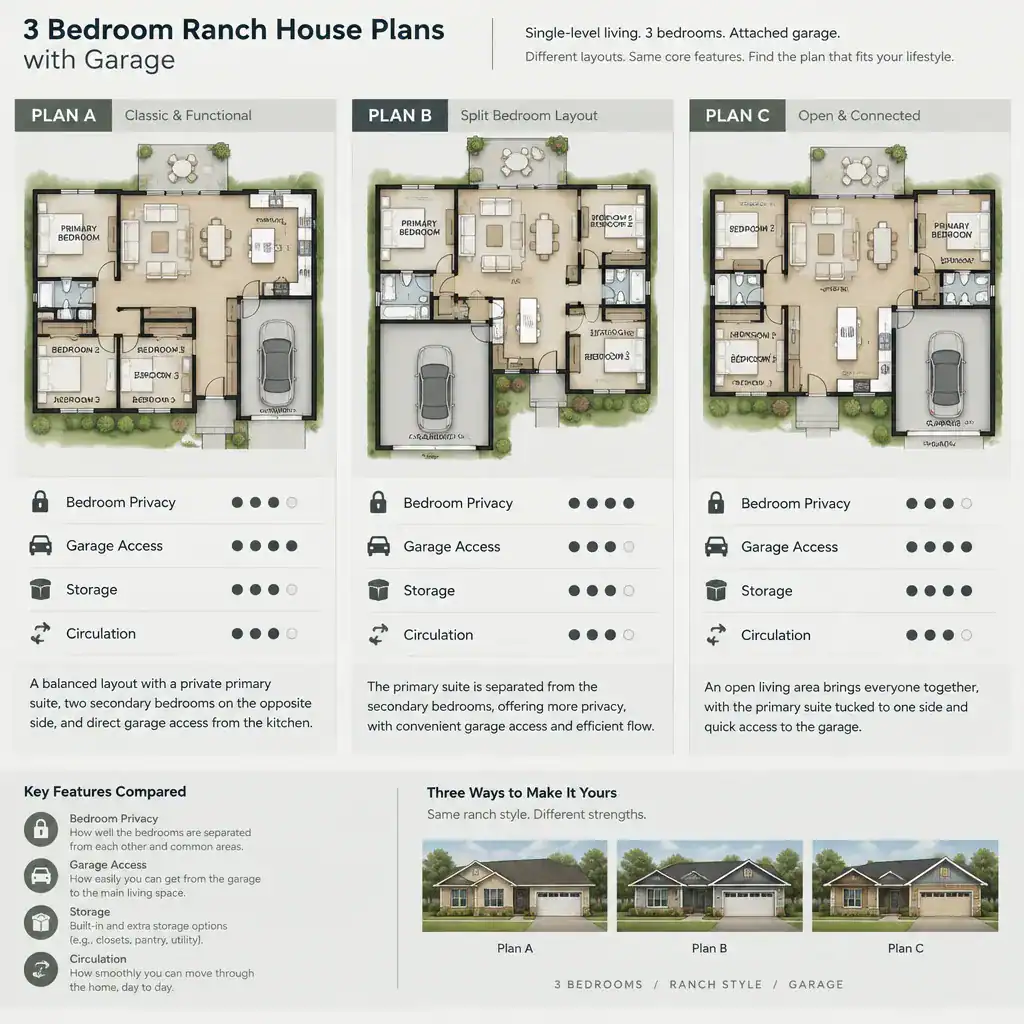 Comparing three-bedroom ranch house plans with different garage layouts