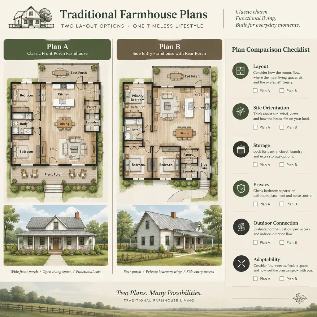 Comparing traditional farmhouse plans using layout, site, storage, and flexibility criteria