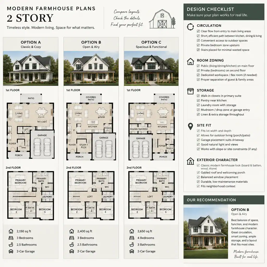 Comparing two-story modern farmhouse floor plans with a practical checklist