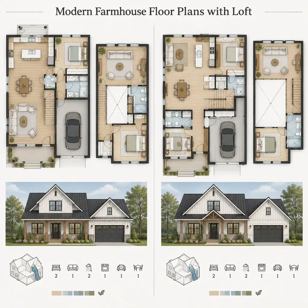 Comparison of modern farmhouse floor plans with different loft layouts