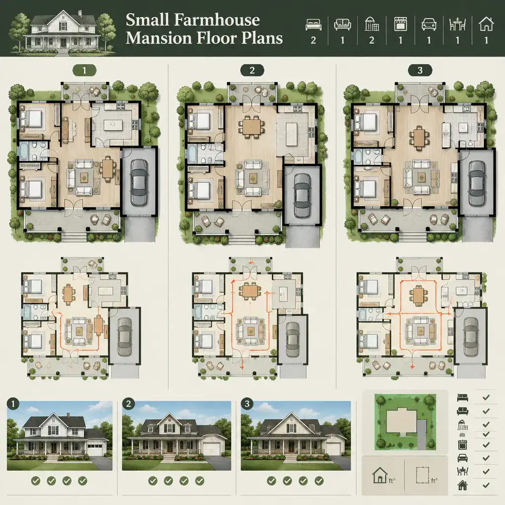 Comparison of small farmhouse mansion floor plan options