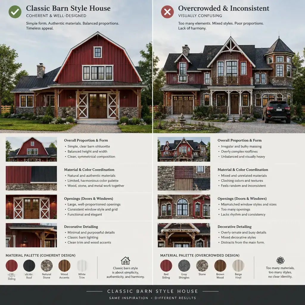 Comparison of cohesive and inconsistent classic barn style house designs