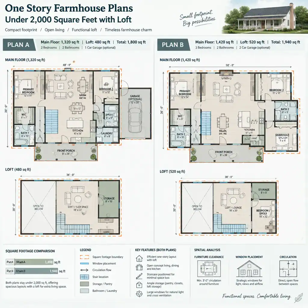 Comparison of one-story farmhouse plans with loft layouts