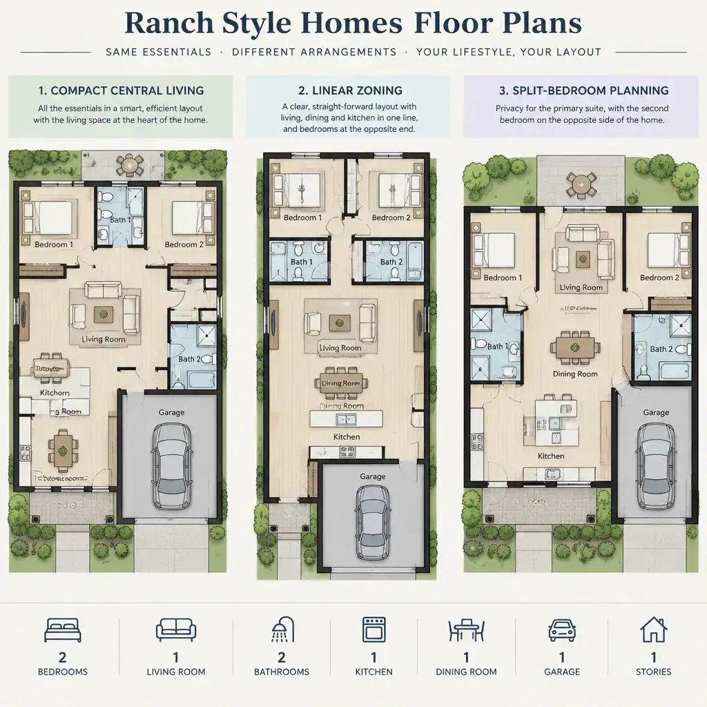 Comparison of three ranch house floor plan layout approaches