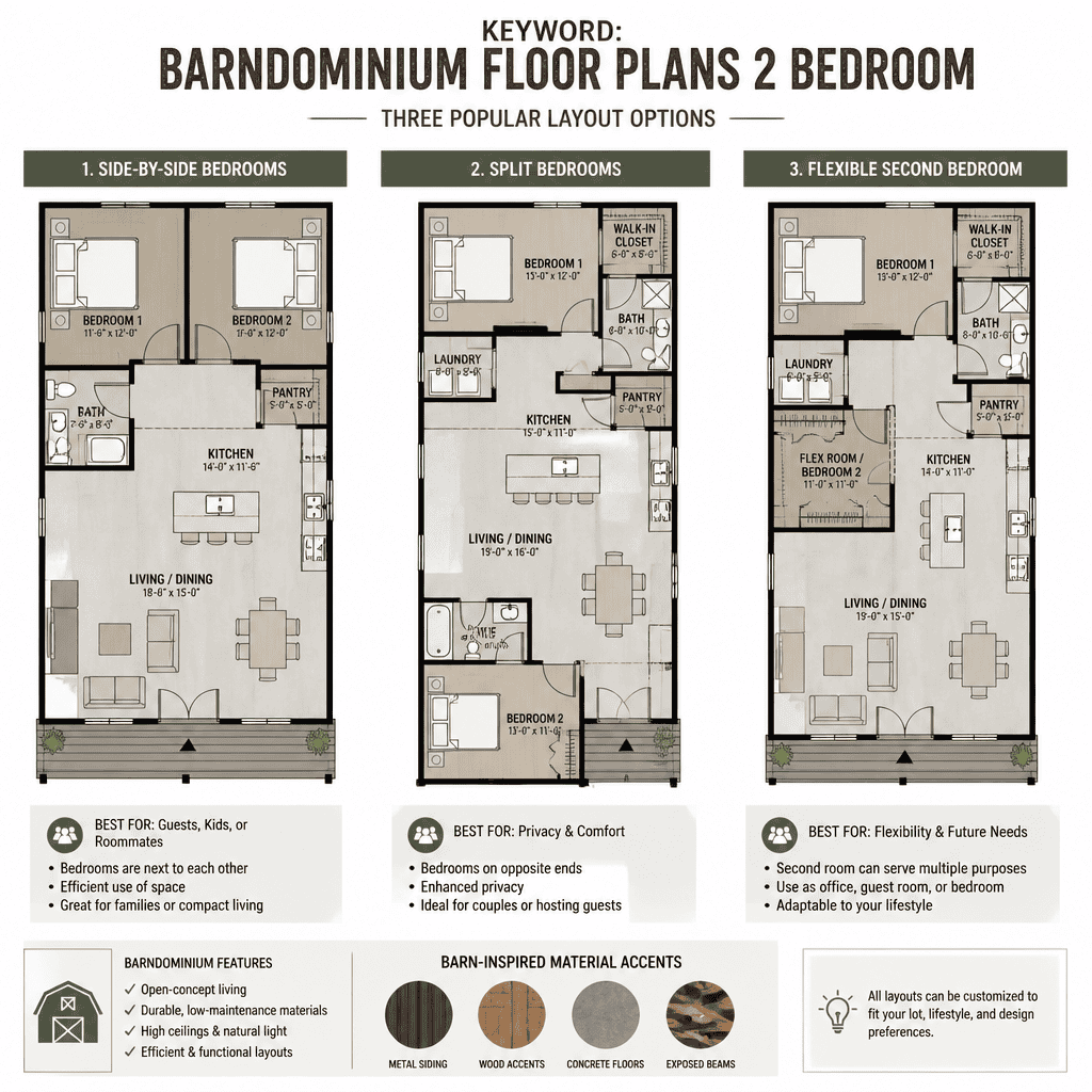 Comparison of two-bedroom barndominium floor plan layouts