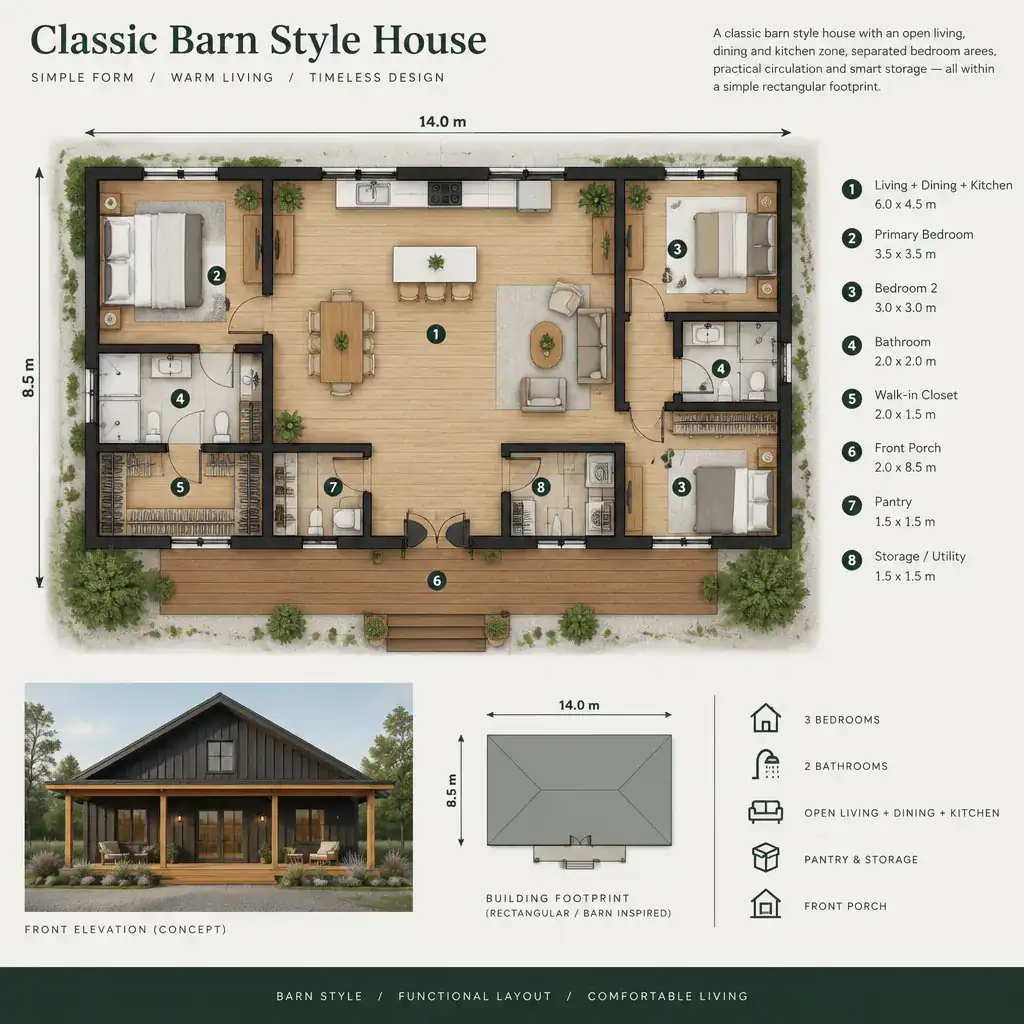Conceptual floor plan for a functional classic barn style house