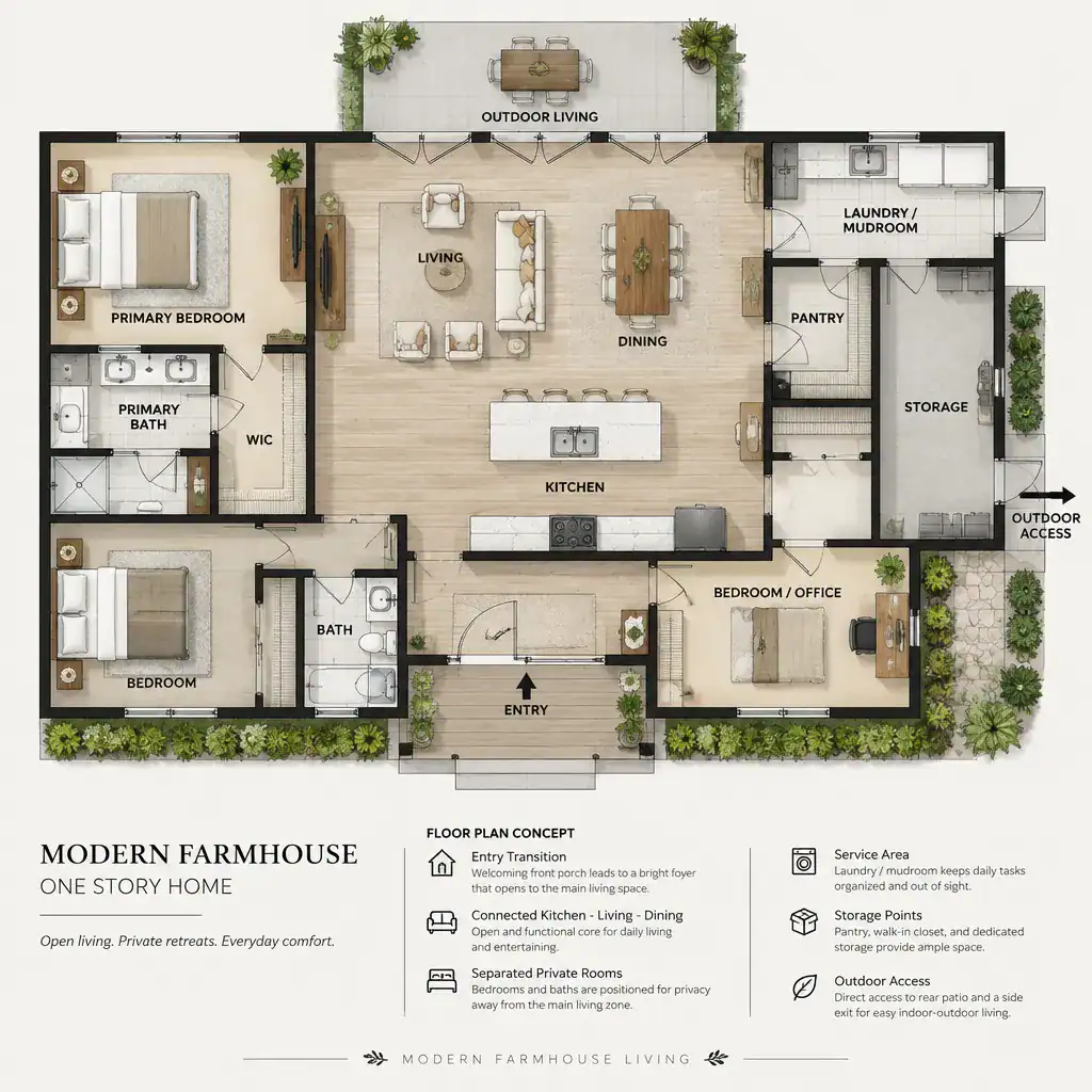 Conceptual one-story modern farmhouse floor plan with organized public and private zones