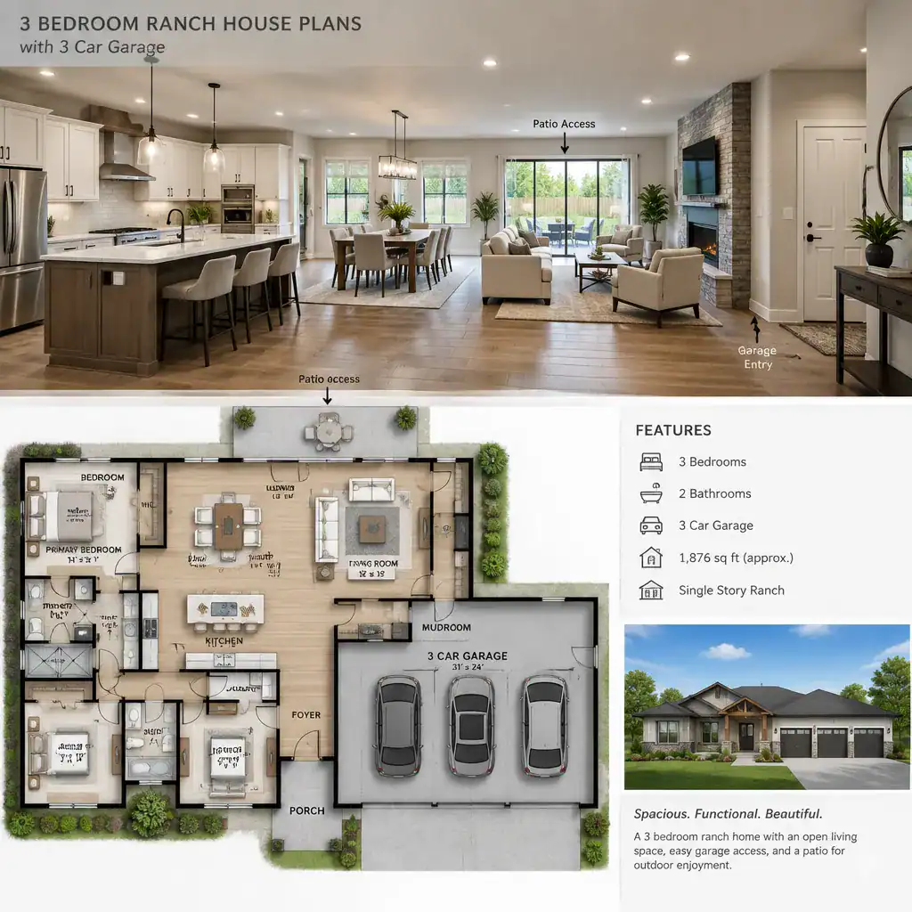 Connected living spaces in a ranch house with garage and patio access