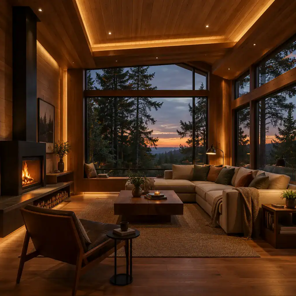 Contemporary Cabin Living Room With Framed Forest Views And Layered Lighting